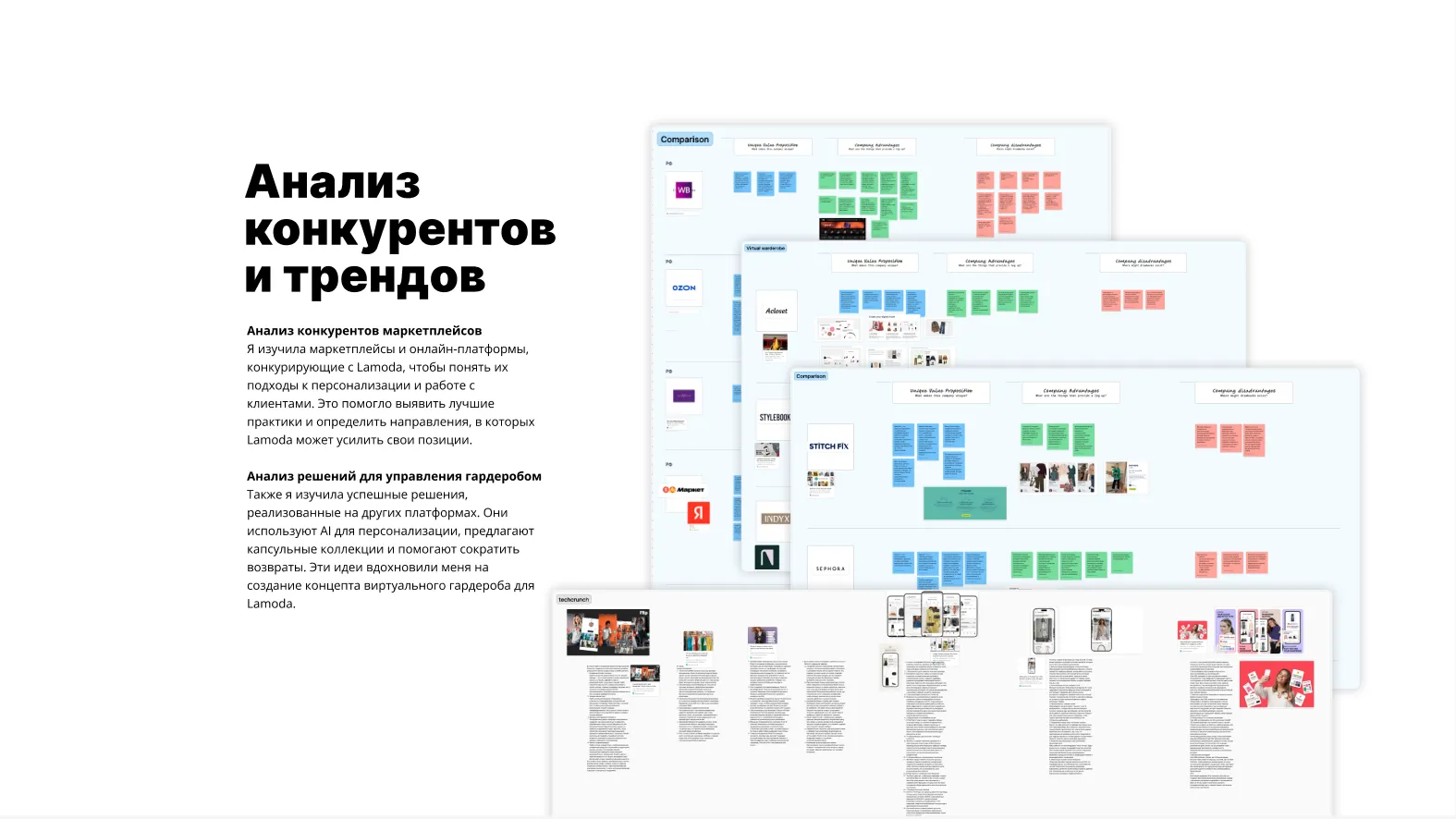 Competitive analysis board comparing marketplaces and wardrobe-management products, with value propositions, advantages and disadvantages for each.