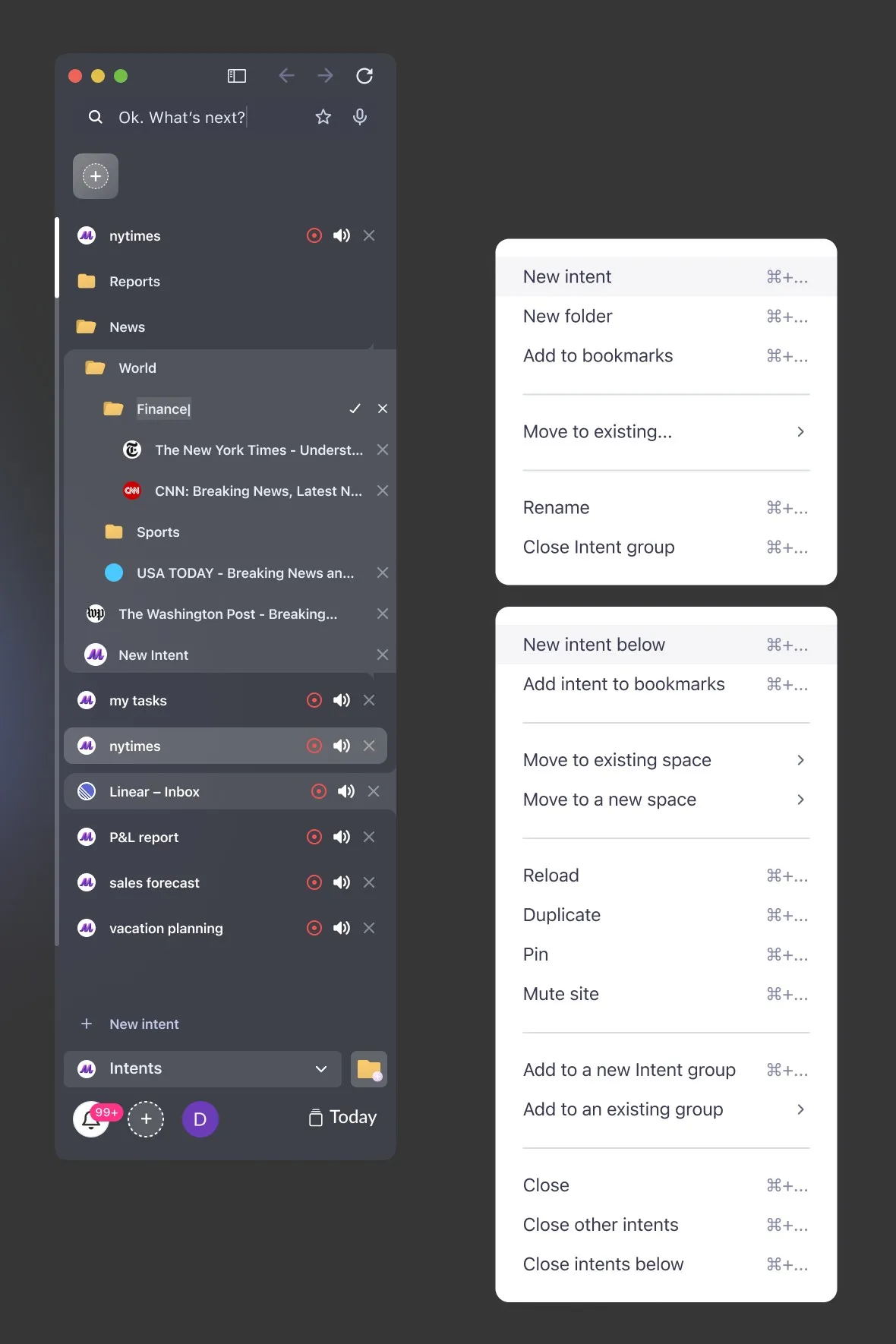 Vertical navigation panel with a tree of folders and intents, and two context menus with intent actions