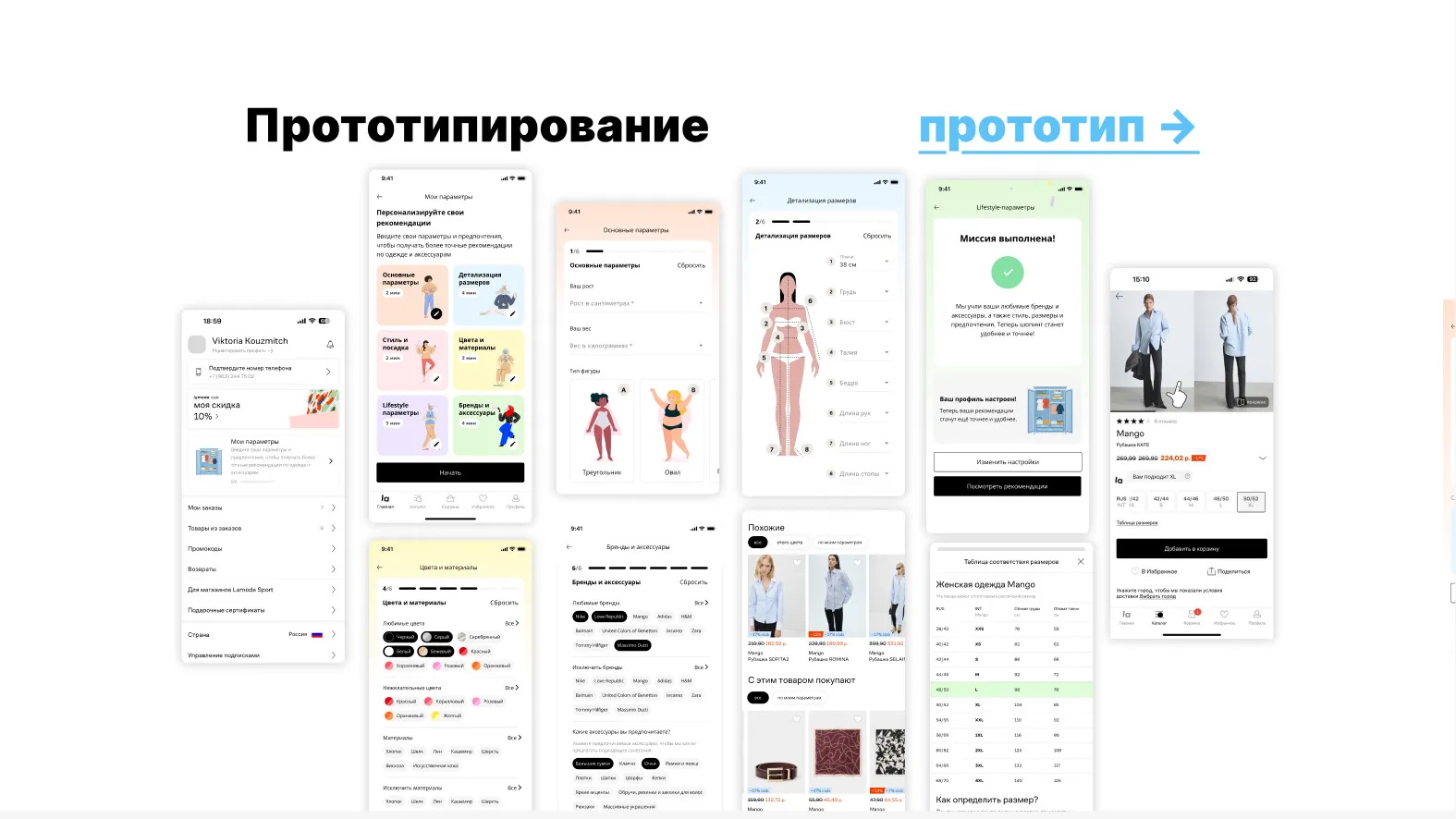 Prototype screens for entering personal parameters, browsing generated outfits and completing a look.