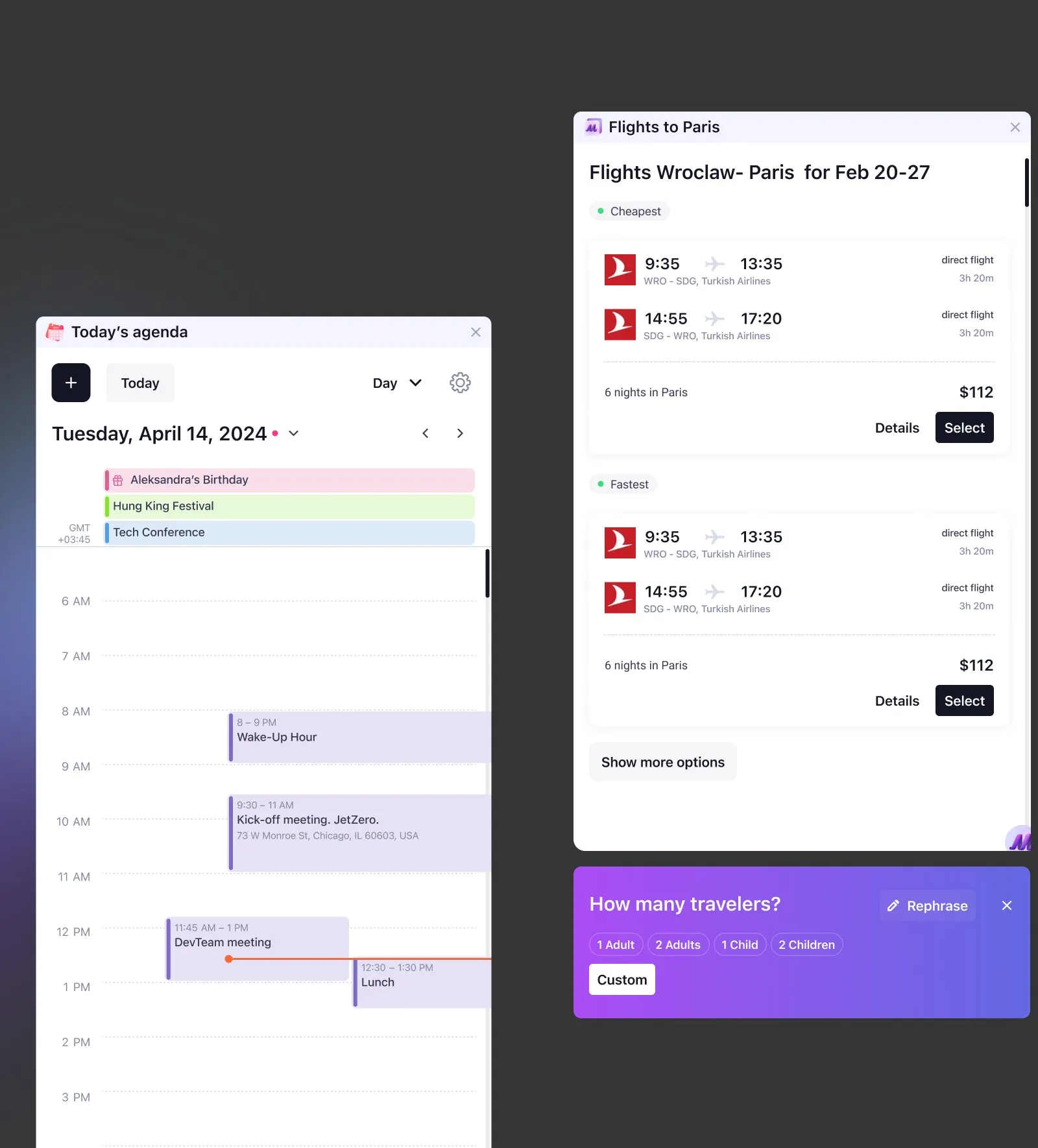 The calendar plugin with a day schedule and an answer block with Wroclaw–Paris flights, followed by a question about the number of travellers with ready options