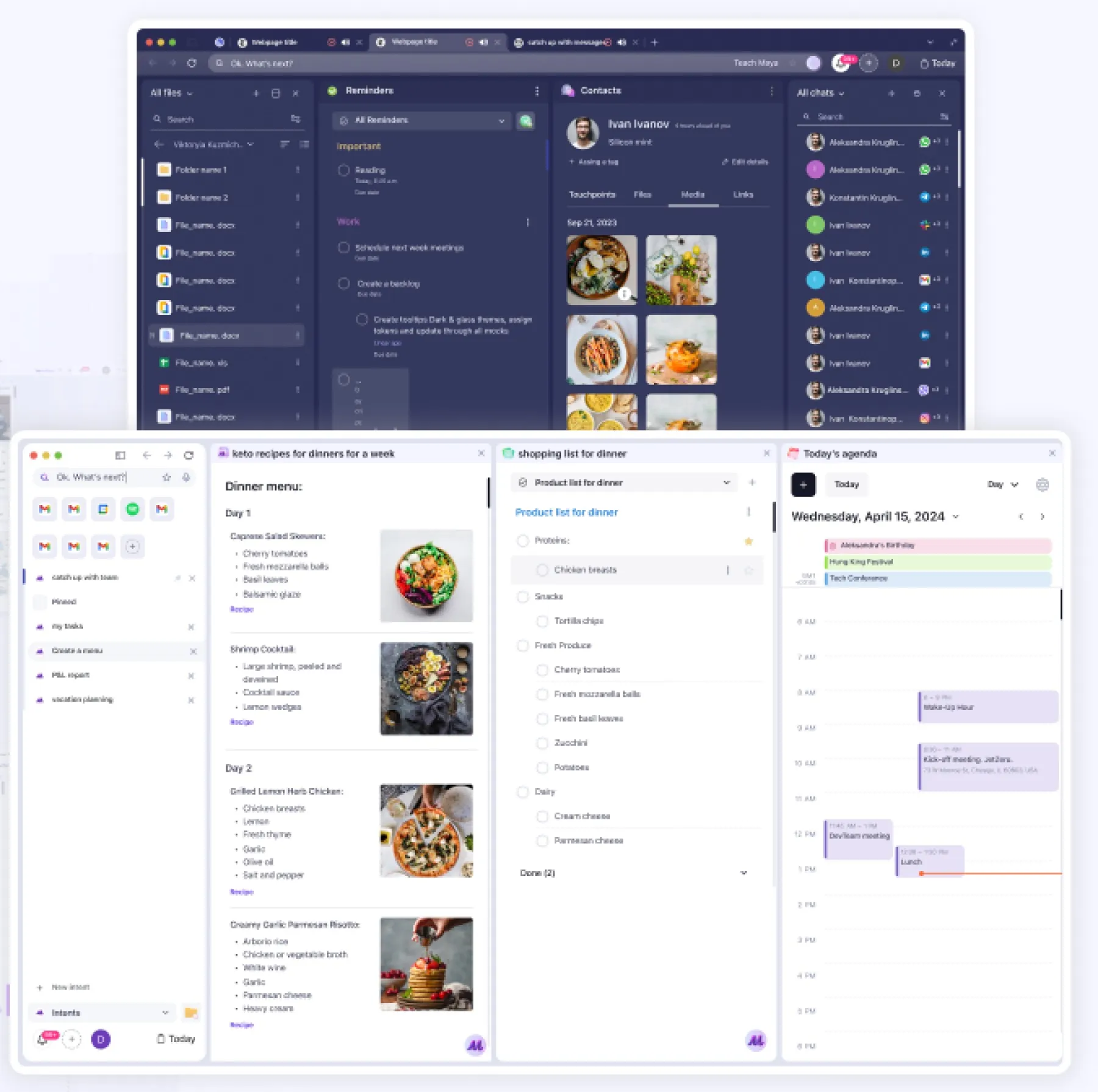 Two browser windows in dark and light themes, each with several plugins open side by side — reminders, contacts, a weekly menu, a shopping list, a calendar