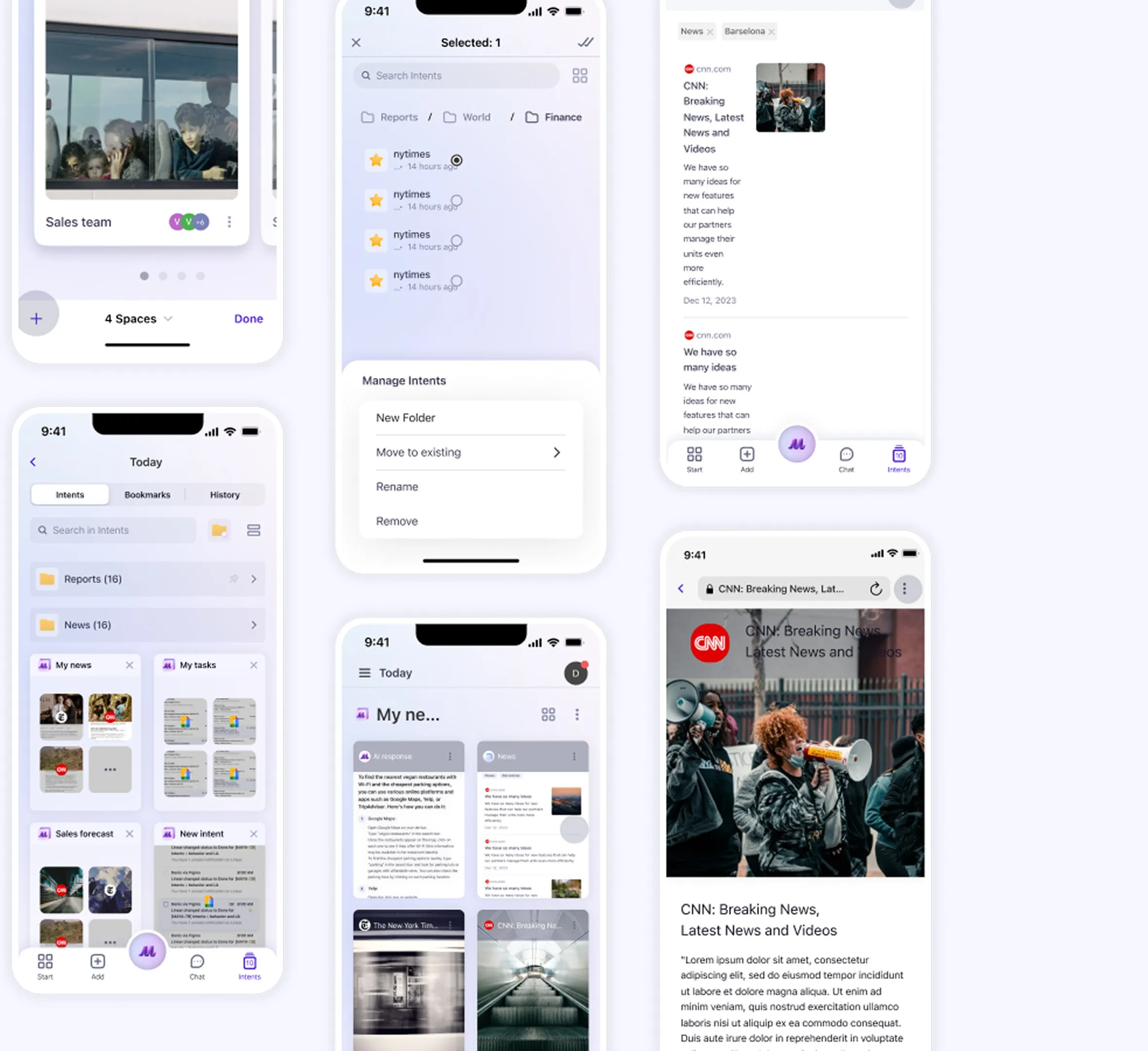 Mobile screens: home, spaces, the list of intents, news