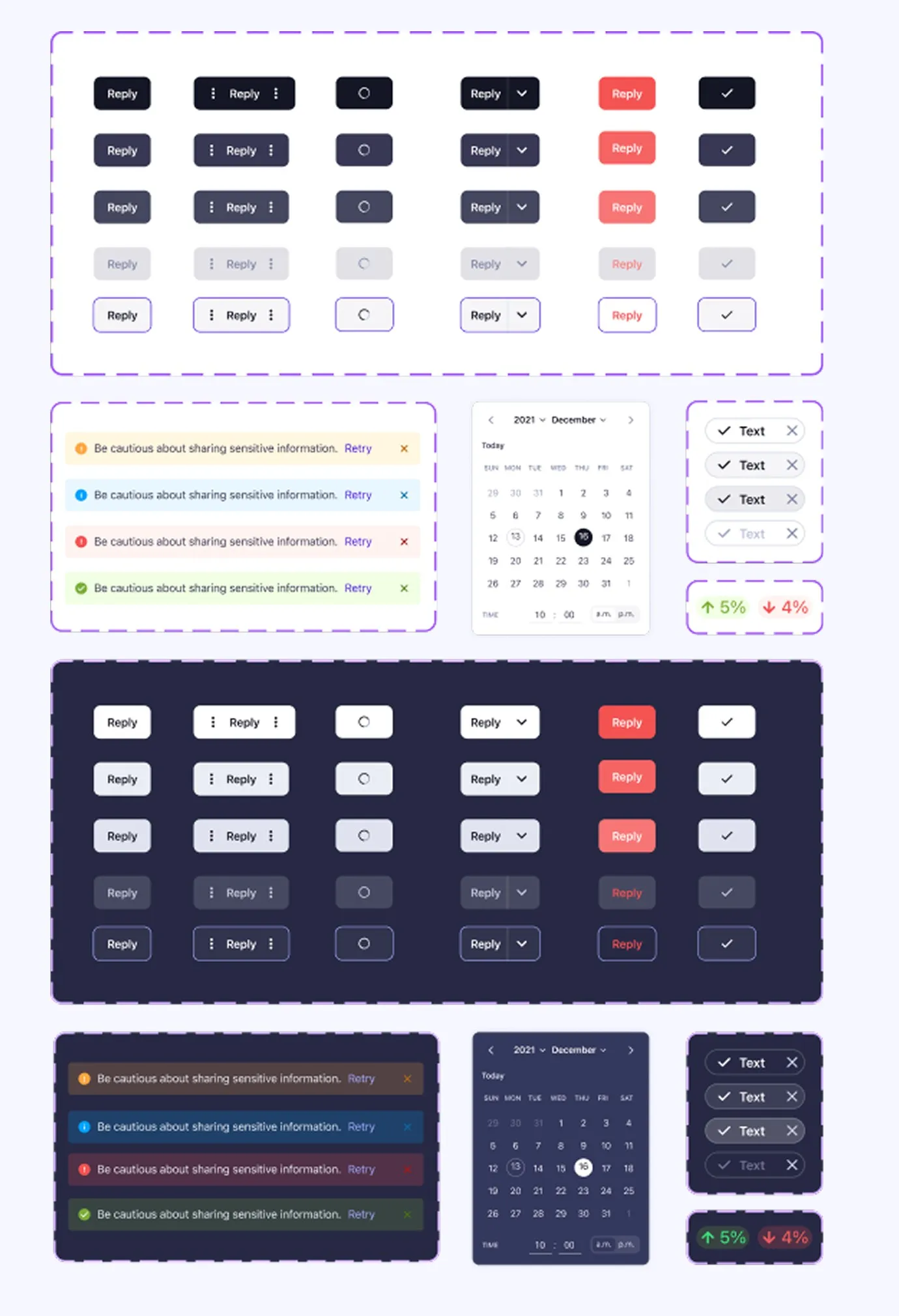 Component library: buttons, notifications, a calendar and toggles in light and dark themes