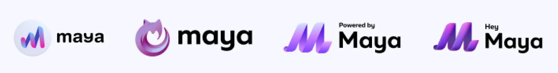 Four versions of the Maya logo, from early options to the final “Hey Maya”
