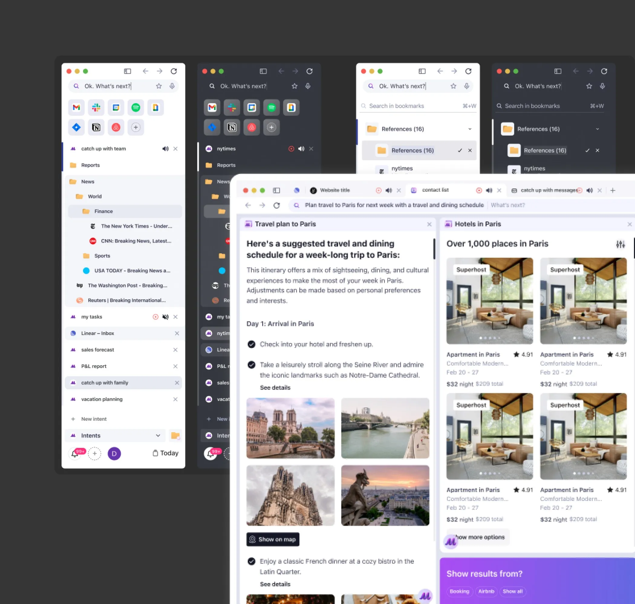 The final interface: sidebar variants in light and dark themes and a window with a Paris trip plan next to a list of places to stay